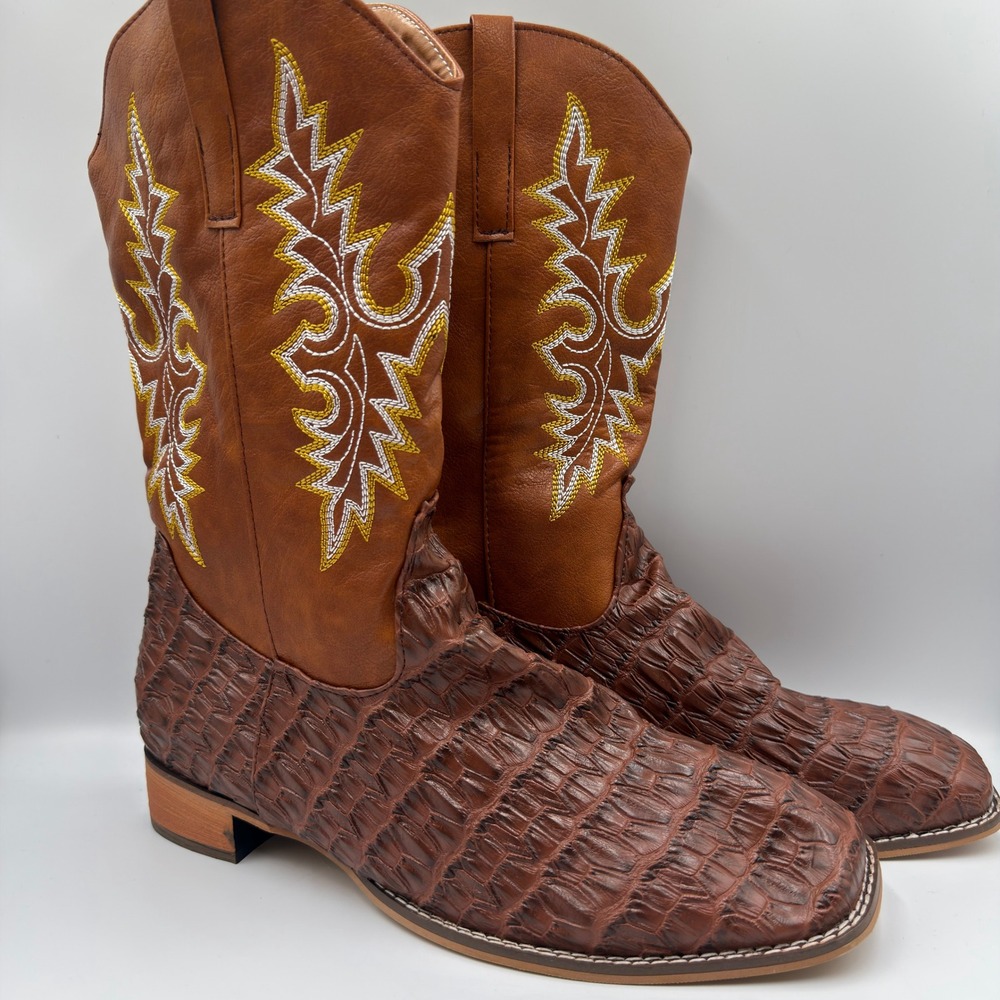 Brown Faux Crocodile Square Toe Western Cowboy Boots Mens Size 46 Embroidered